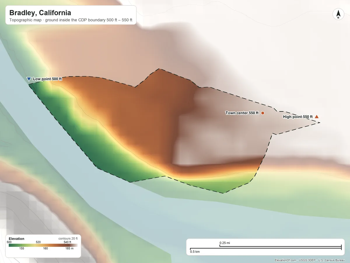 Topographic elevation map of Bradley, California, shaded from 500 ft on the west side to 550 ft on the east edge, below higher ground just outside