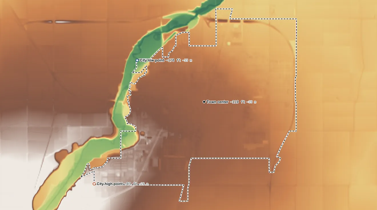 Topographic elevation map of Brawley, California, shaded from −170 ft on the northwest side to −93 ft on the southwest side