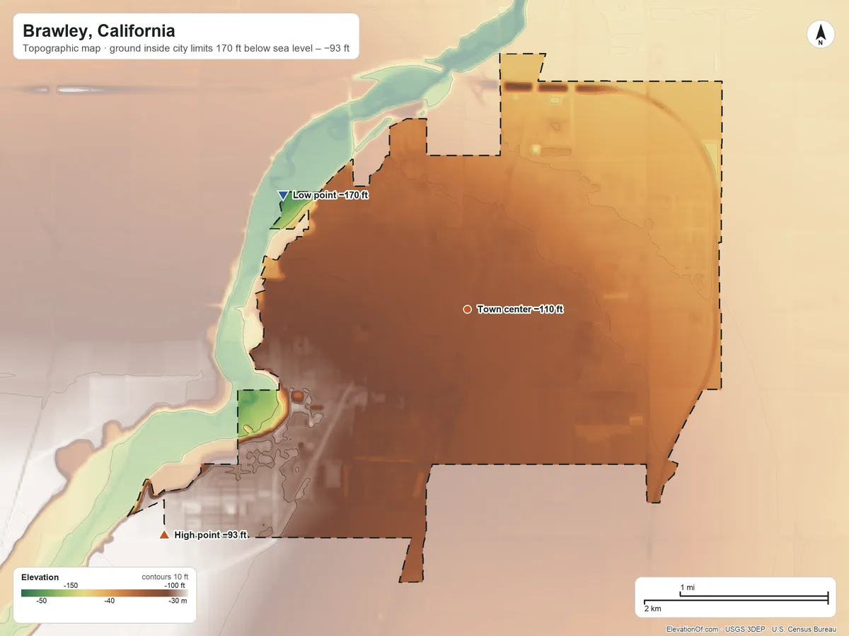 Topographic elevation map of Brawley, California, shaded from −170 ft on the northwest side to −93 ft on the southwest side