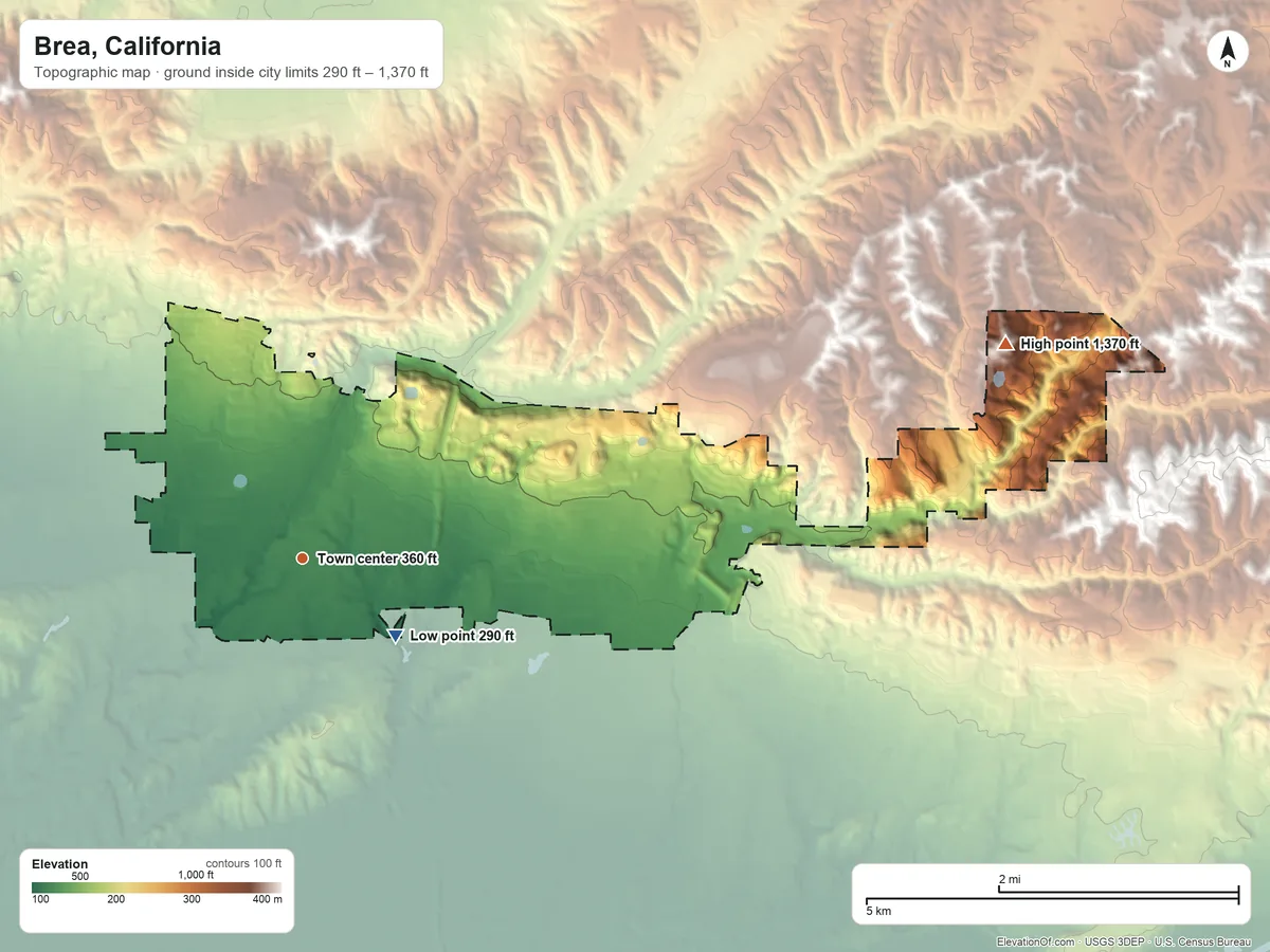 Topographic elevation map of Brea, California, shaded from 290 ft on the southeast side to 1,370 ft on the east side