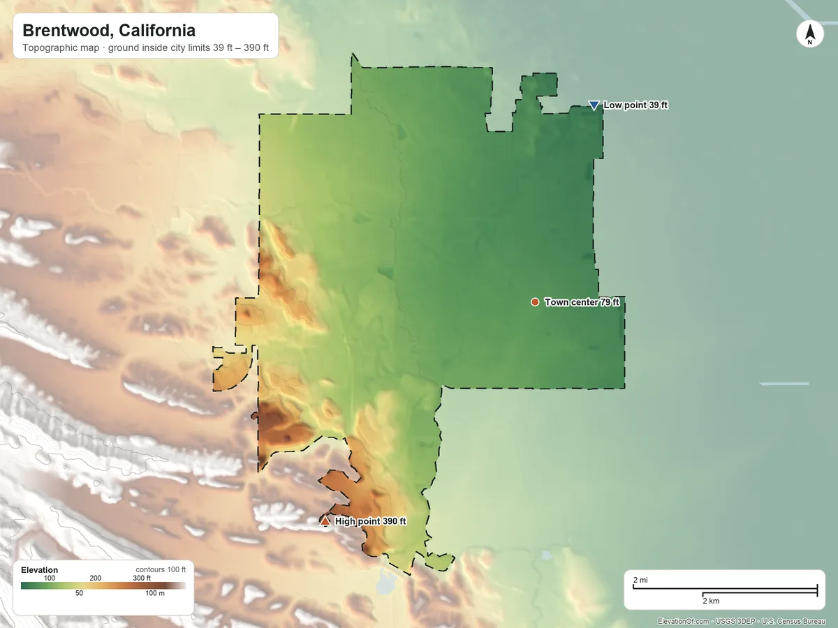 Topographic elevation map of Brentwood, California, shaded from 39 ft on the north side to 390 ft on the southwest side
