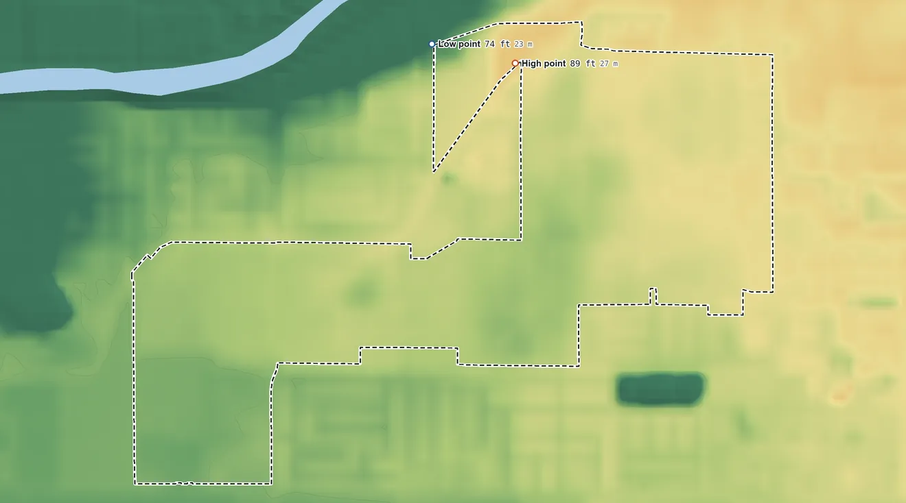 Topographic elevation map of Bret Harte, California, shaded from 74 ft on the north side to 89 ft on the north side