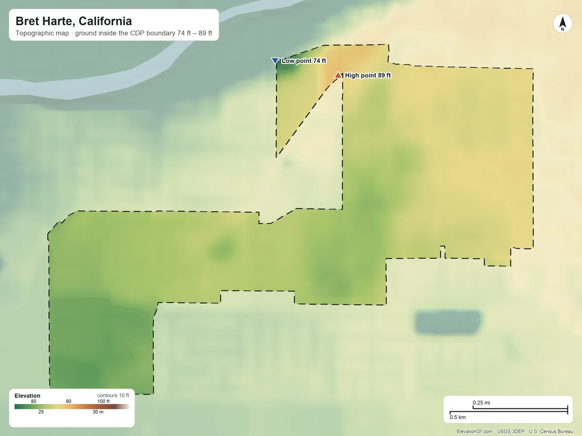 Topographic elevation map of Bret Harte, California, shaded from 74 ft on the north side to 89 ft on the north side