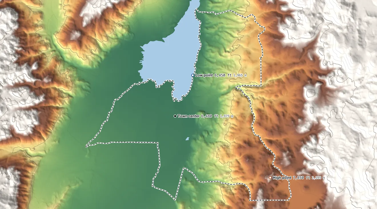 Topographic elevation map of Bridgeport, California, shaded from 6,450 ft on the northeast side to 7,850 ft at the foot of the Bodie Mountains