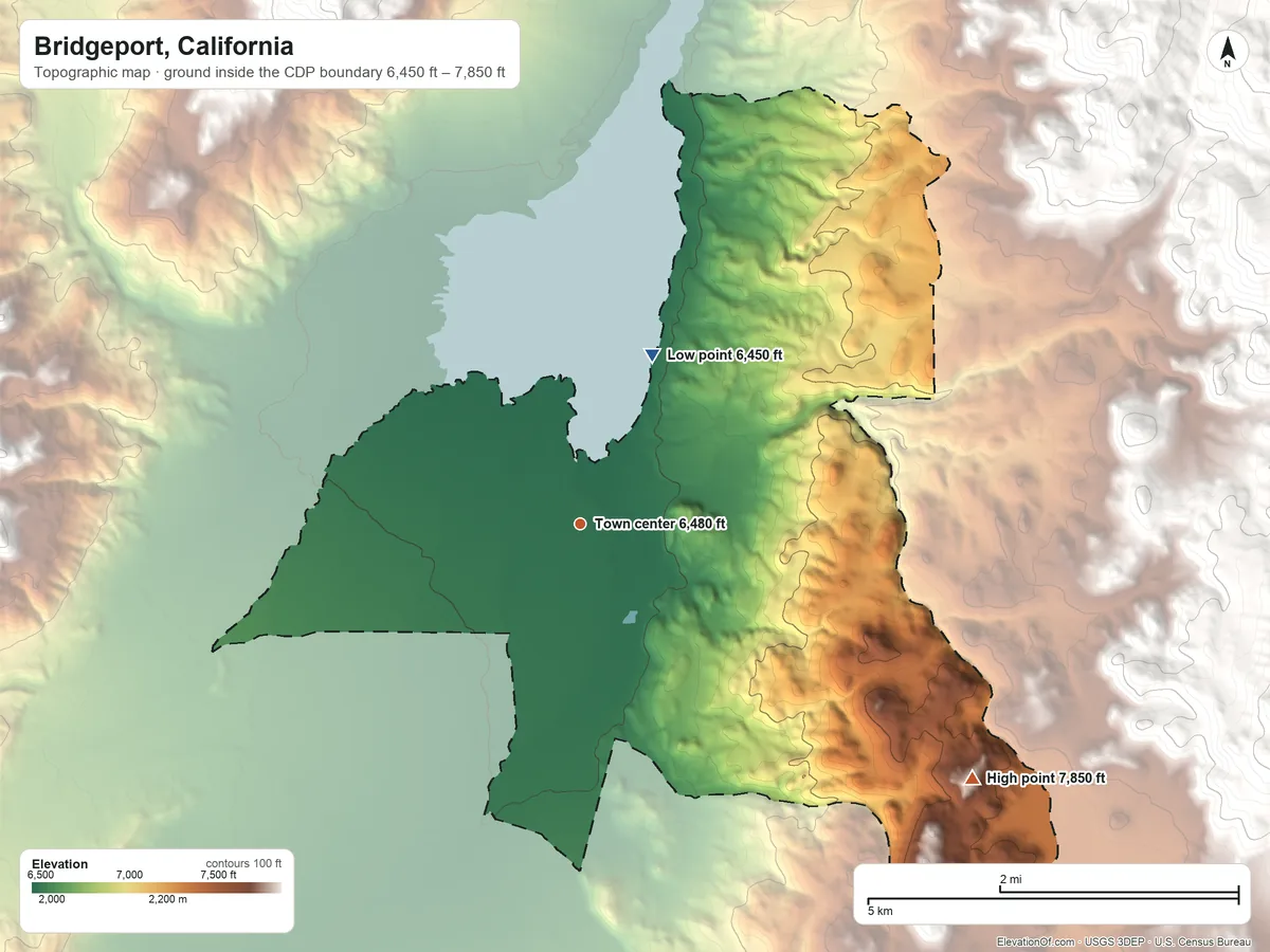 Topographic elevation map of Bridgeport, California, shaded from 6,450 ft on the northeast side to 7,850 ft at the foot of the Bodie Mountains