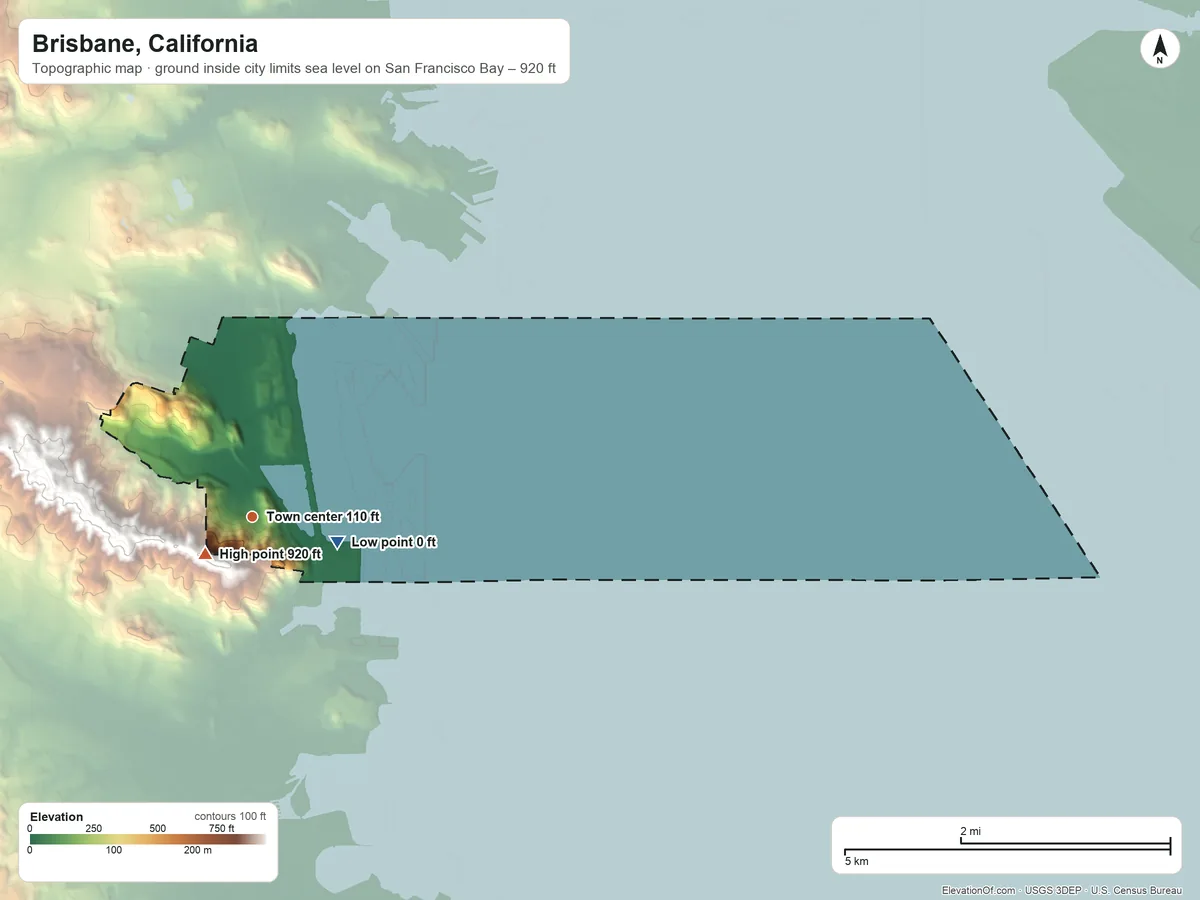 Topographic elevation map of Brisbane, California, shaded from sea level level on San Francisco Bay to 920 ft at the foot of the San Miguel Hills