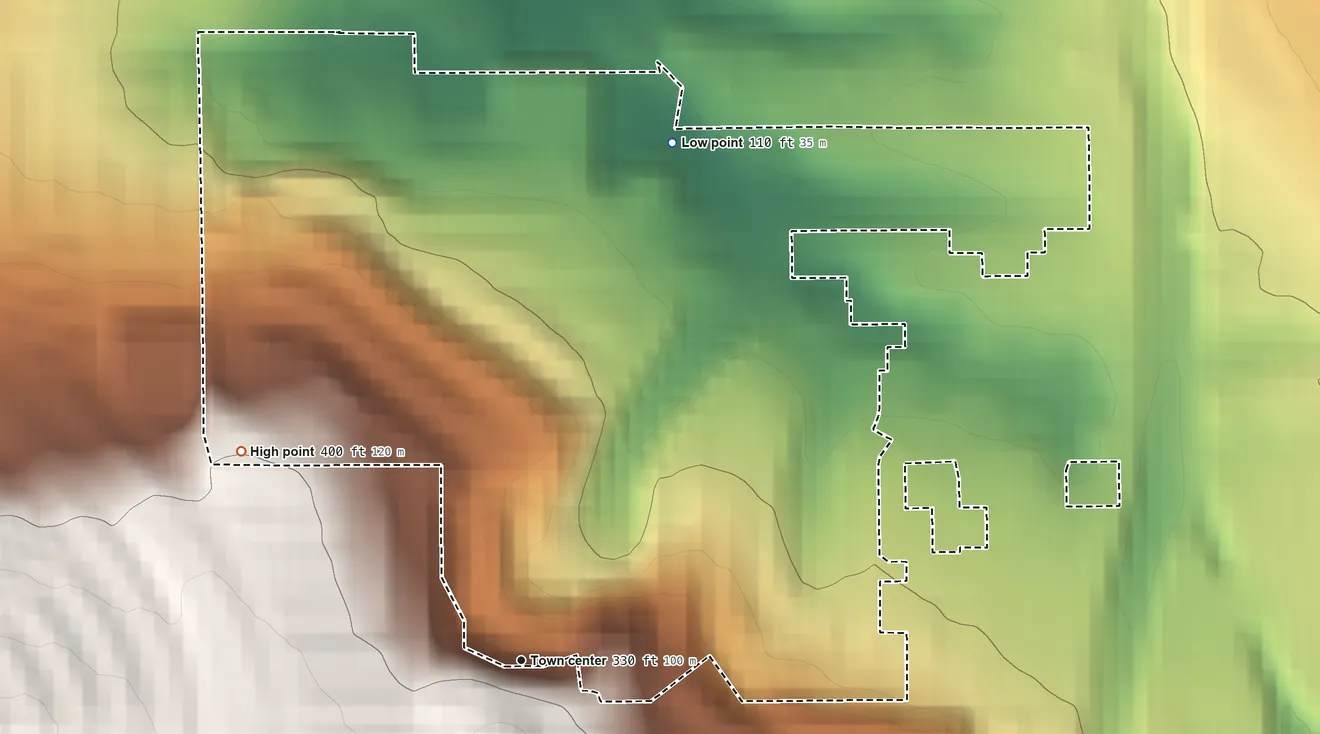 Topographic elevation map of Broadmoor, California, shaded from 110 ft on the north side to 400 ft on the northwest side
