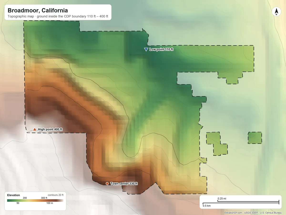 Topographic elevation map of Broadmoor, California, shaded from 110 ft on the north side to 400 ft on the northwest side