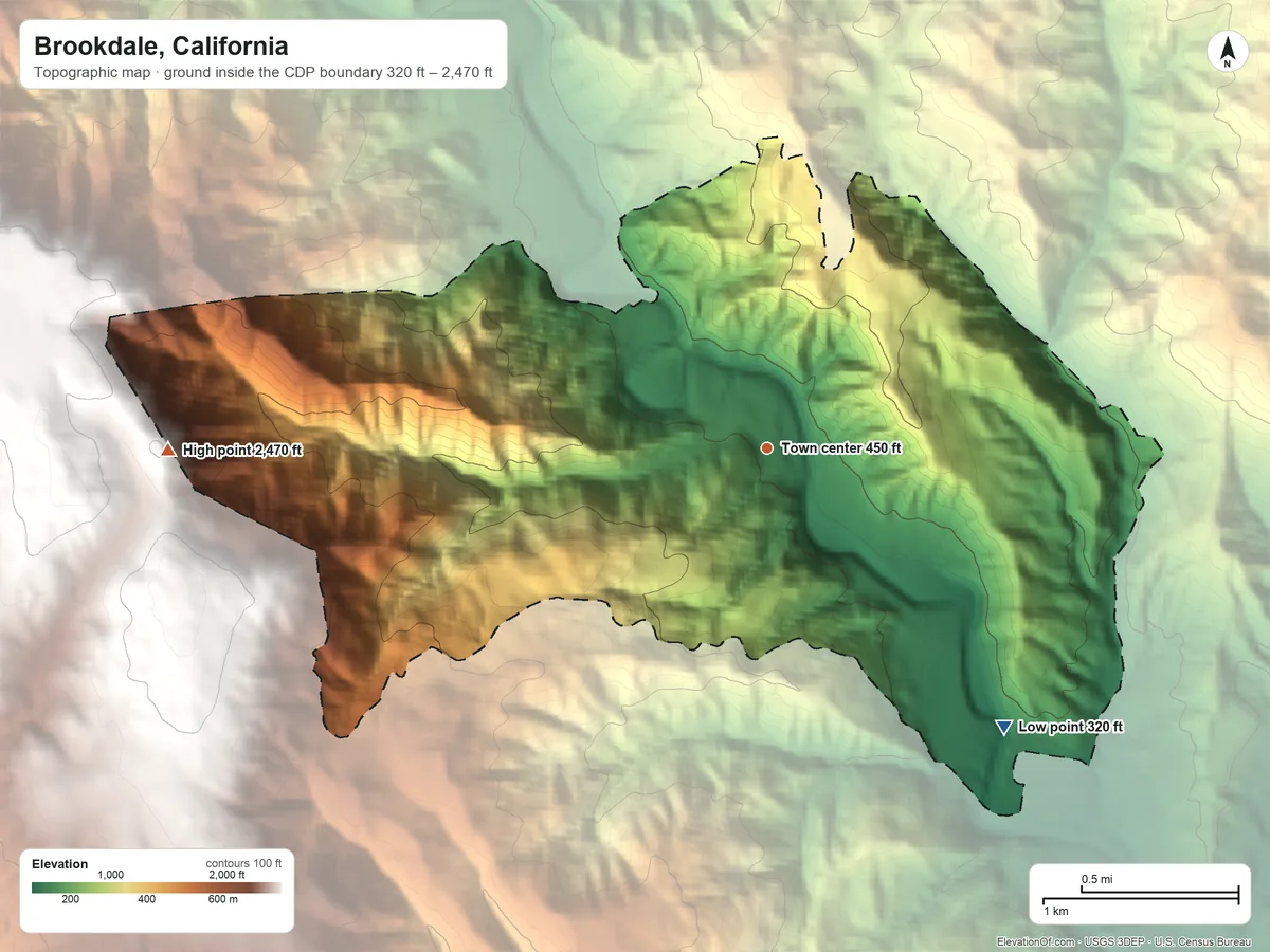 Topographic elevation map of Brookdale, California, shaded from 320 ft on the southeast side to 2,470 ft on the west side