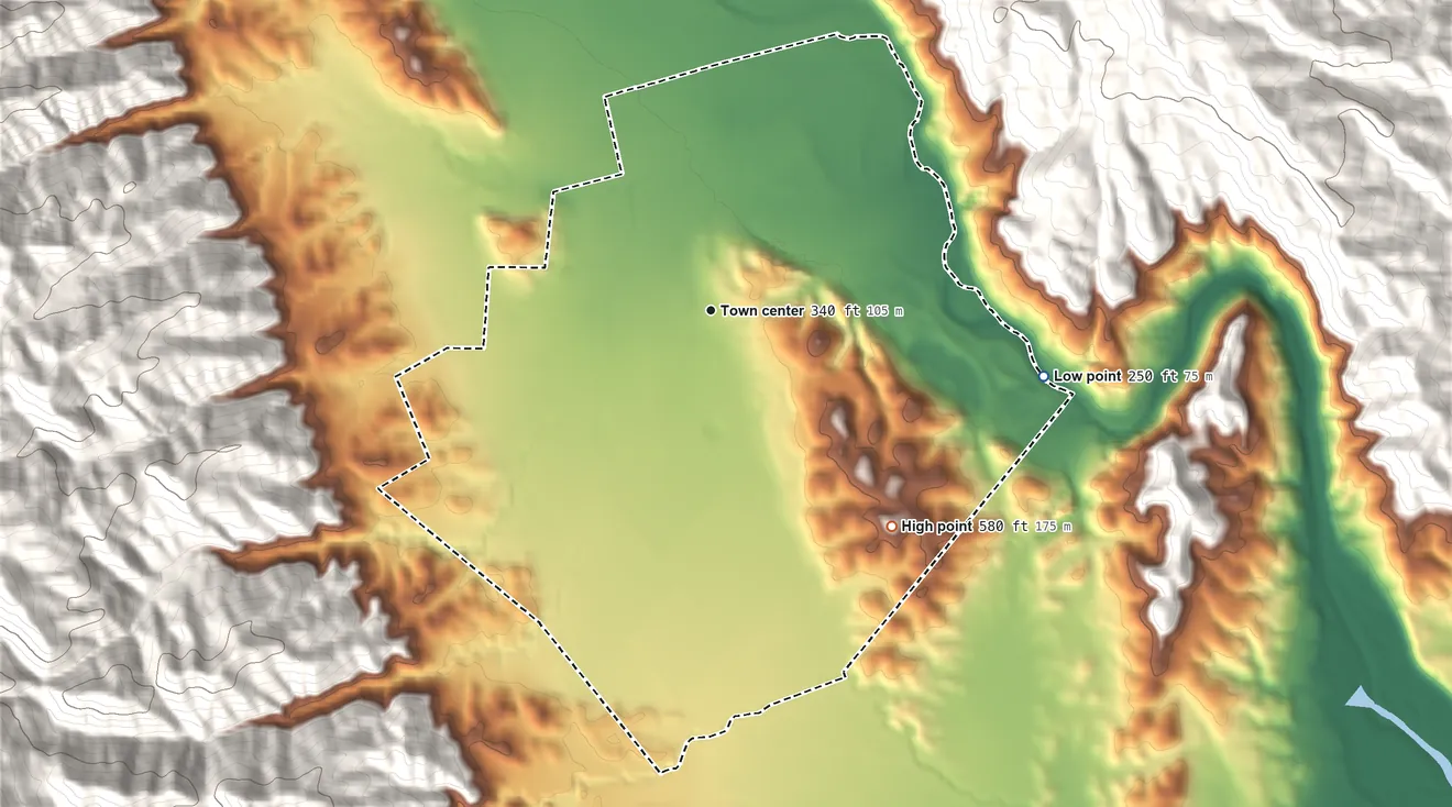 Topographic elevation map of Brooks, California, shaded from 250 ft on the east side to 580 ft at the foot of the Sweitzer Hills