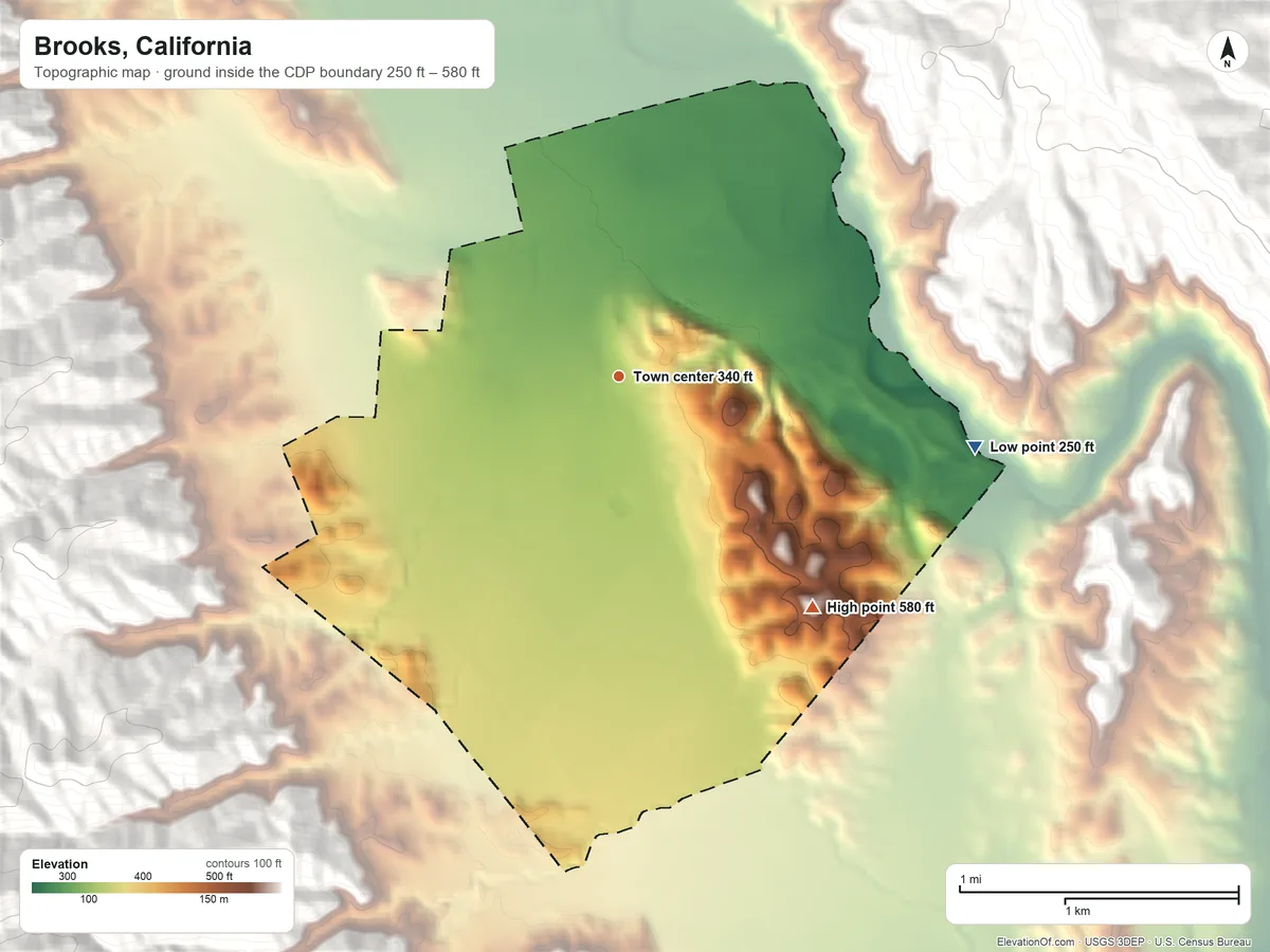 Topographic elevation map of Brooks, California, shaded from 250 ft on the east side to 580 ft at the foot of the Sweitzer Hills
