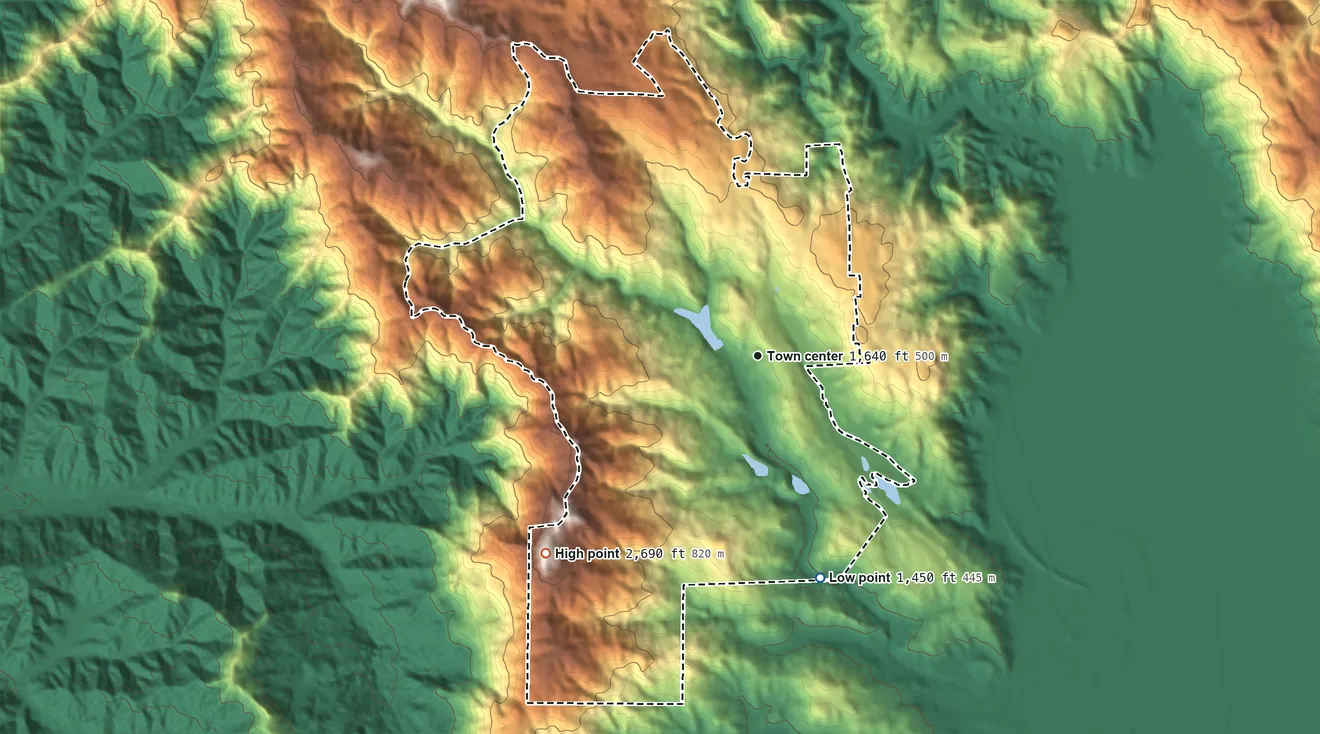 Topographic elevation map of Brooktrails, California, shaded from 1,450 ft on the south side to 2,690 ft on the southwest side