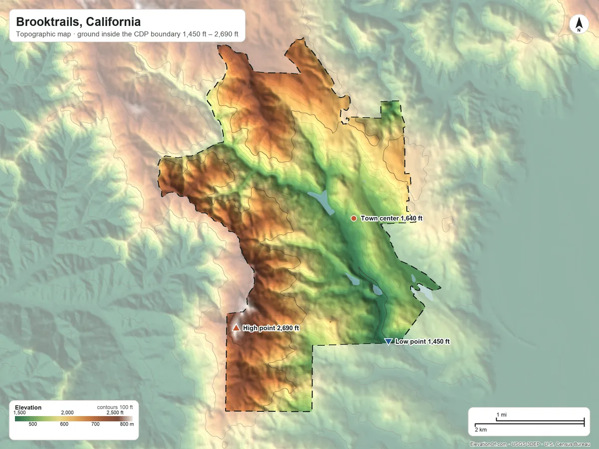 Topographic elevation map of Brooktrails, California, shaded from 1,450 ft on the south side to 2,690 ft on the southwest side