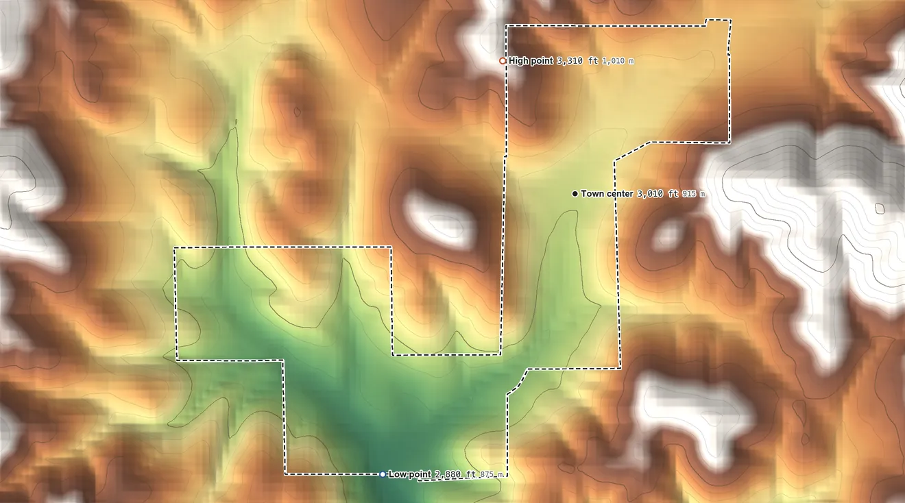Topographic elevation map of Buck Meadows, California, shaded from 2,880 ft on the southwest side to 3,310 ft at the foot of the Gravel Range