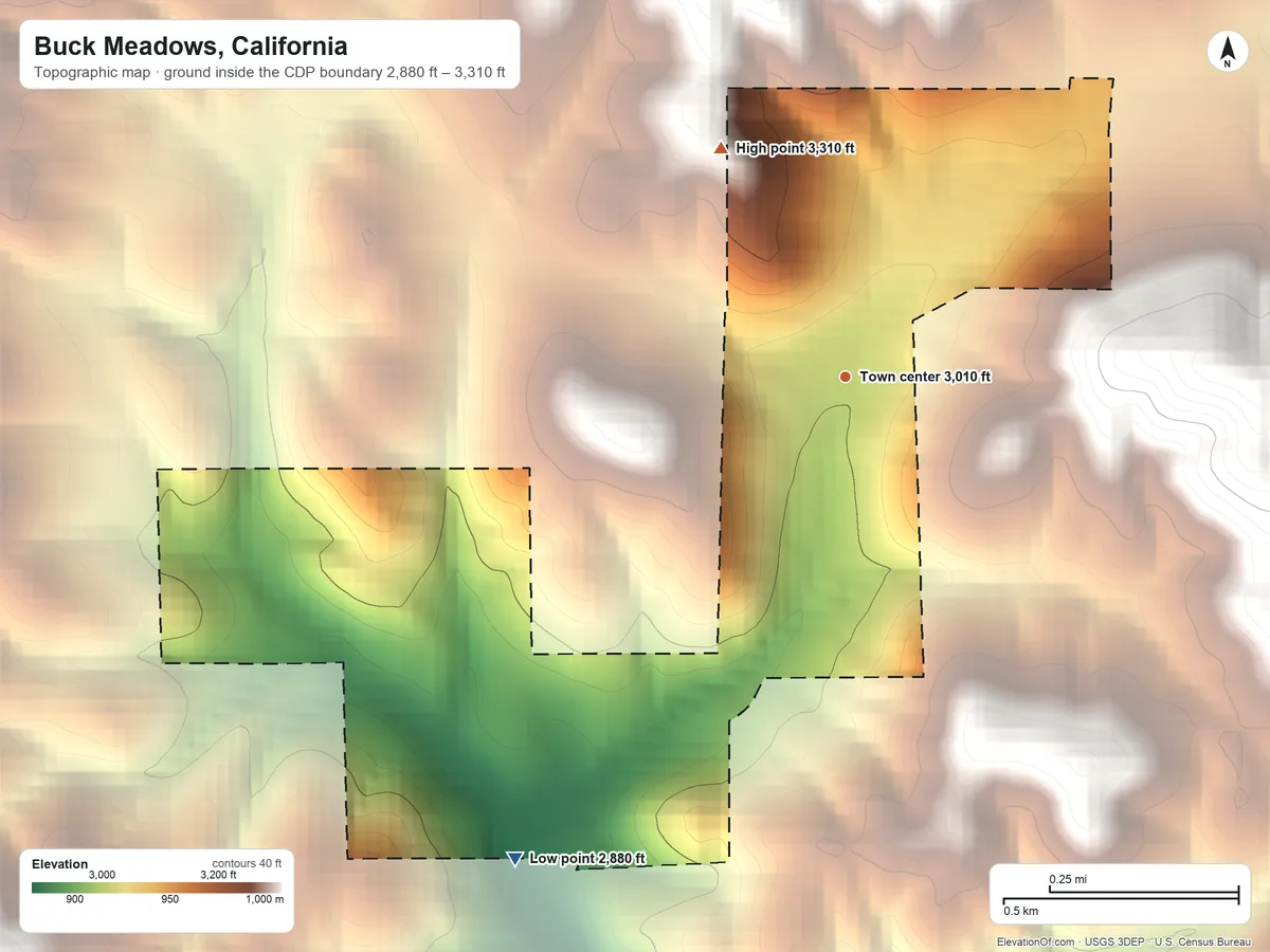 Topographic elevation map of Buck Meadows, California, shaded from 2,880 ft on the southwest side to 3,310 ft at the foot of the Gravel Range