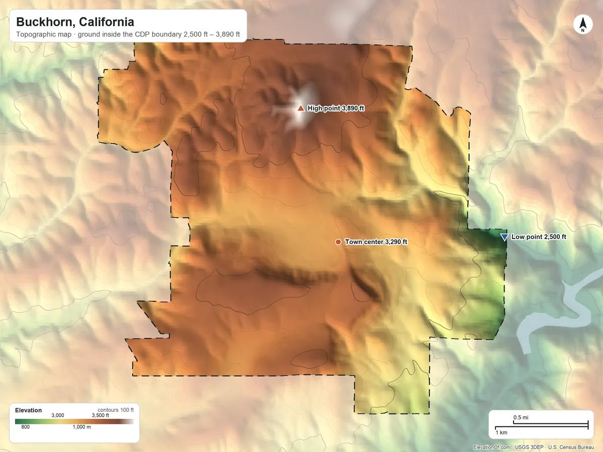 Topographic elevation map of Buckhorn, California, shaded from 2,500 ft on the east side to 3,890 ft on Mount Crossman