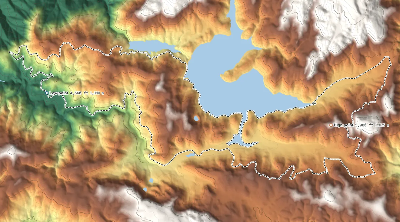 Topographic elevation map of Bucks Lake, California, shaded from 4,560 ft on the west side to 5,980 ft on the northeast edge, below higher ground just outside