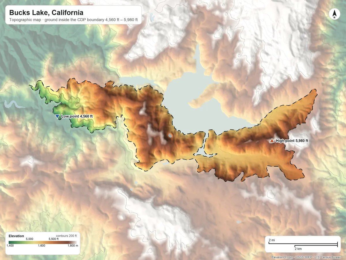 Topographic elevation map of Bucks Lake, California, shaded from 4,560 ft on the west side to 5,980 ft on the northeast edge, below higher ground just outside