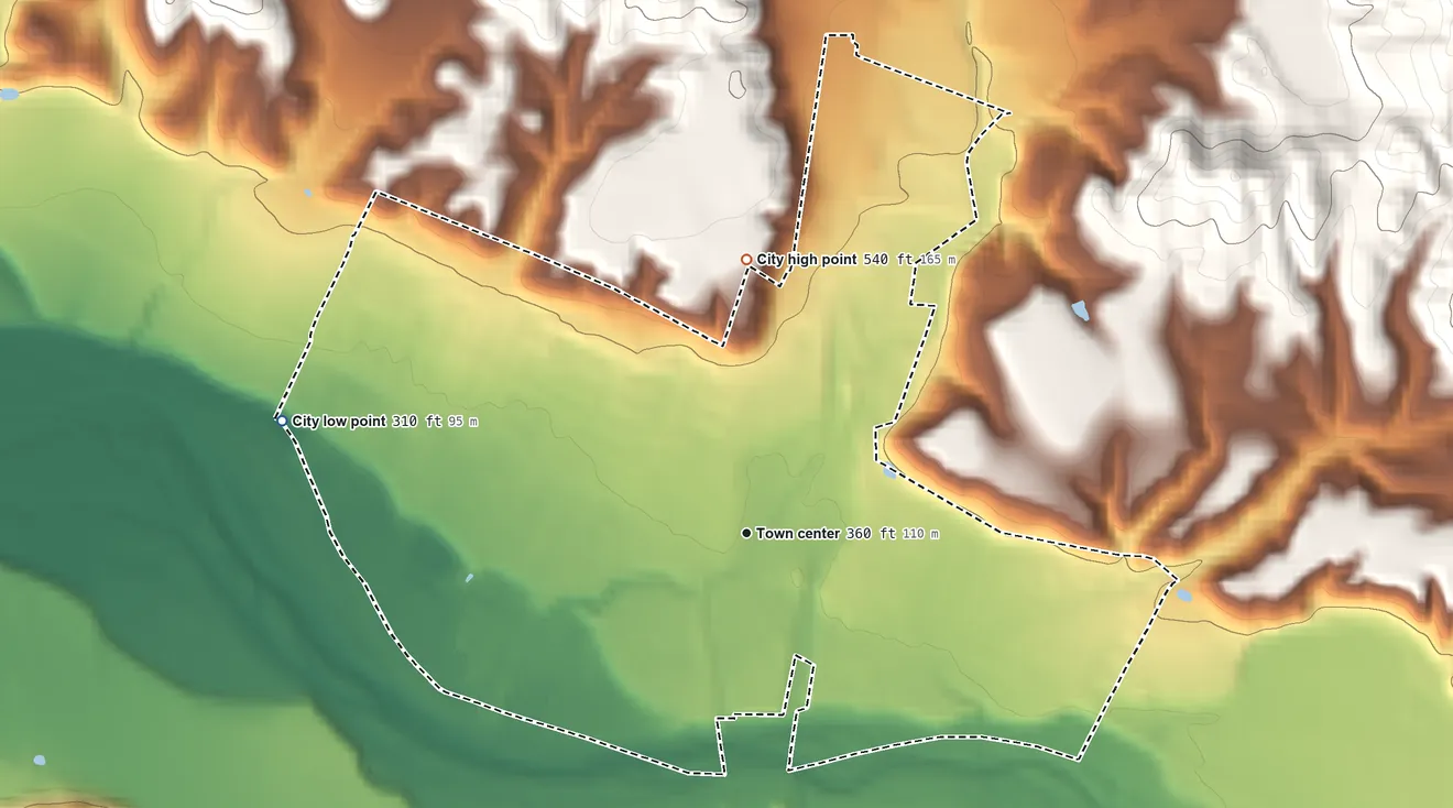 Topographic elevation map of Buellton, California, shaded from 310 ft on the west side to 540 ft at the foot of the Purisima Hills