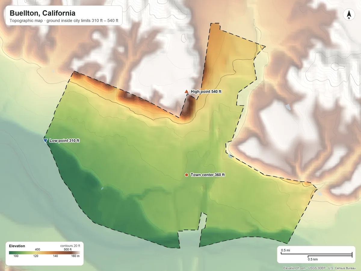 Topographic elevation map of Buellton, California, shaded from 310 ft on the west side to 540 ft at the foot of the Purisima Hills