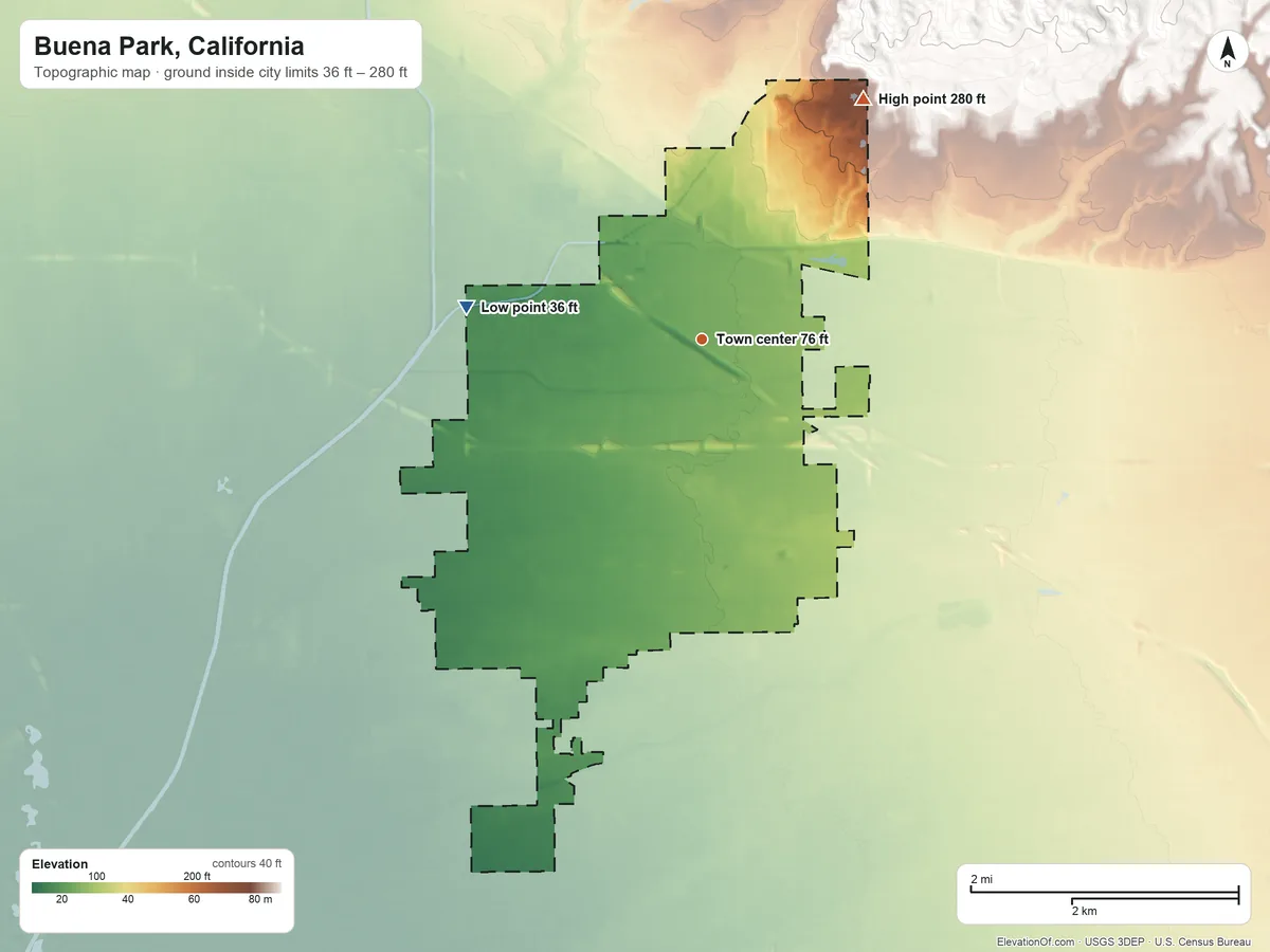 Topographic elevation map of Buena Park, California, shaded from 36 ft on the west side to 280 ft on the northeast side