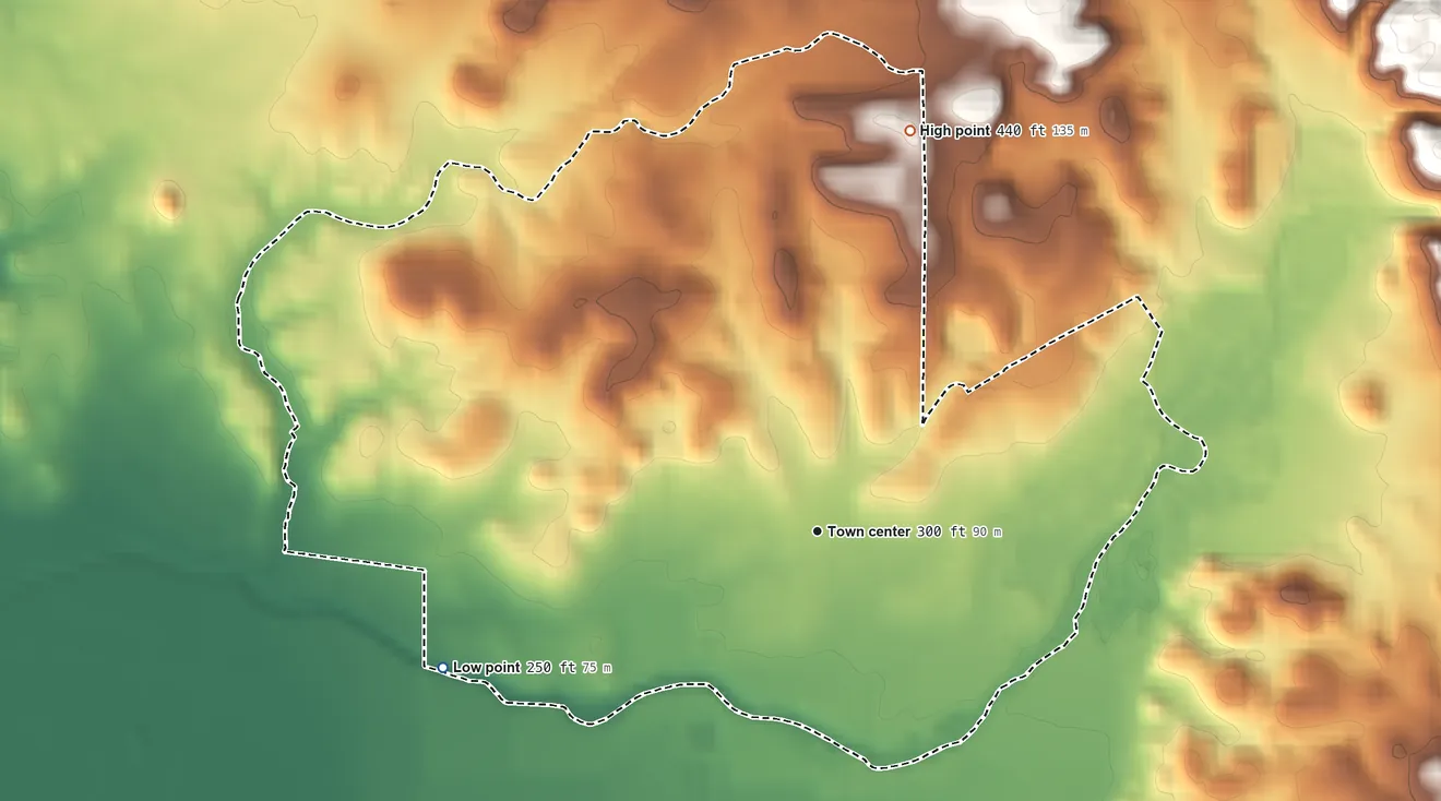 Topographic elevation map of Buena Vista, California, shaded from 250 ft on the west side to 440 ft on the north edge, below higher ground just outside