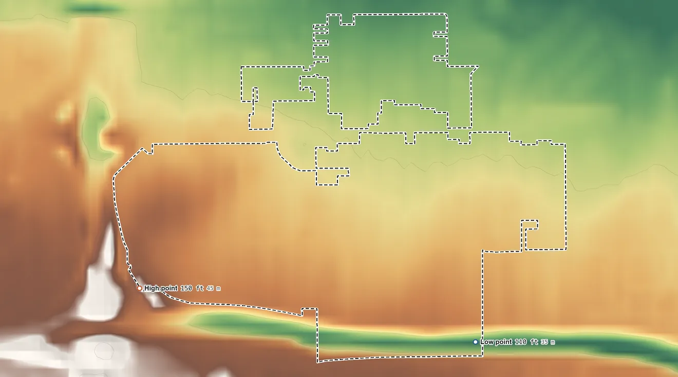 Topographic elevation map of Burbank, Santa Clara County, California, shaded from 110 ft on the southeast side to 150 ft on the southwest side