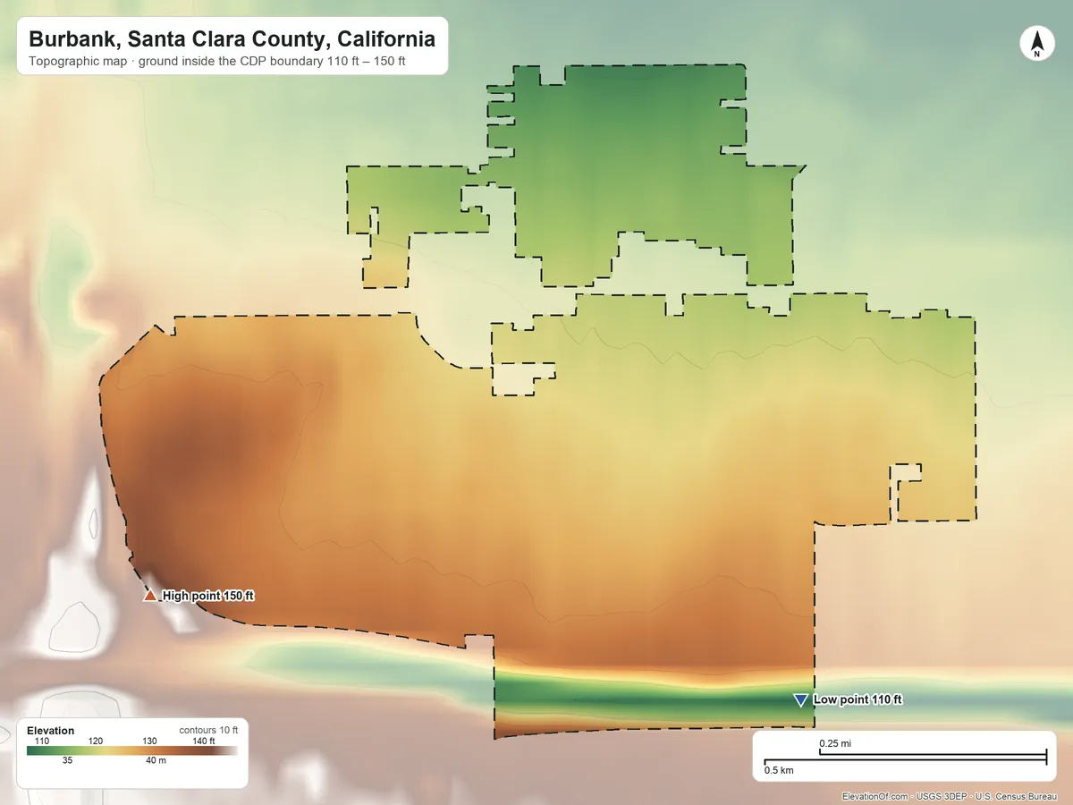 Topographic elevation map of Burbank, Santa Clara County, California, shaded from 110 ft on the southeast side to 150 ft on the southwest side
