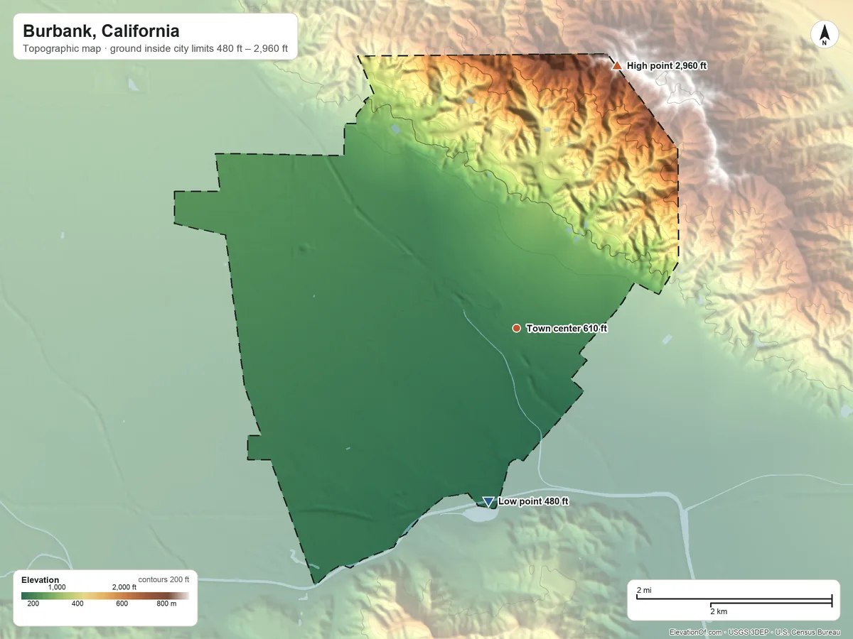 Topographic elevation map of Burbank, California, shaded from 480 ft on the south side to 2,960 ft on the north side