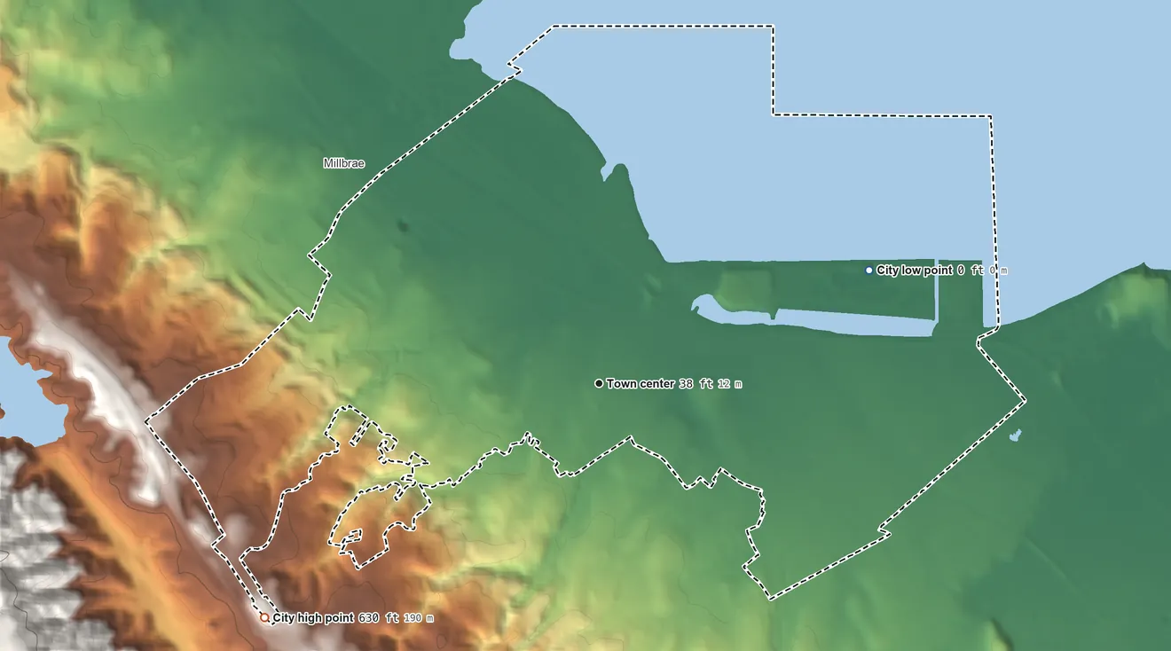 Topographic elevation map of Burlingame, California, shaded from sea level level on San Francisco Bay to 630 ft at the foot of the San Miguel Hills