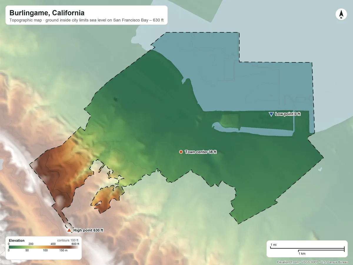 Topographic elevation map of Burlingame, California, shaded from sea level level on San Francisco Bay to 630 ft at the foot of the San Miguel Hills