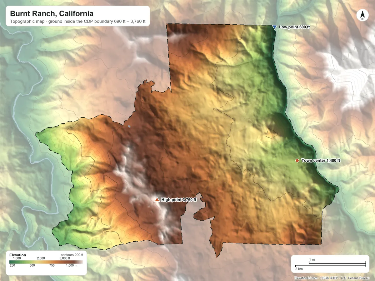 Topographic elevation map of Burnt Ranch, California, shaded from 690 ft on the north side to 3,760 ft on the west edge, below higher ground just outside