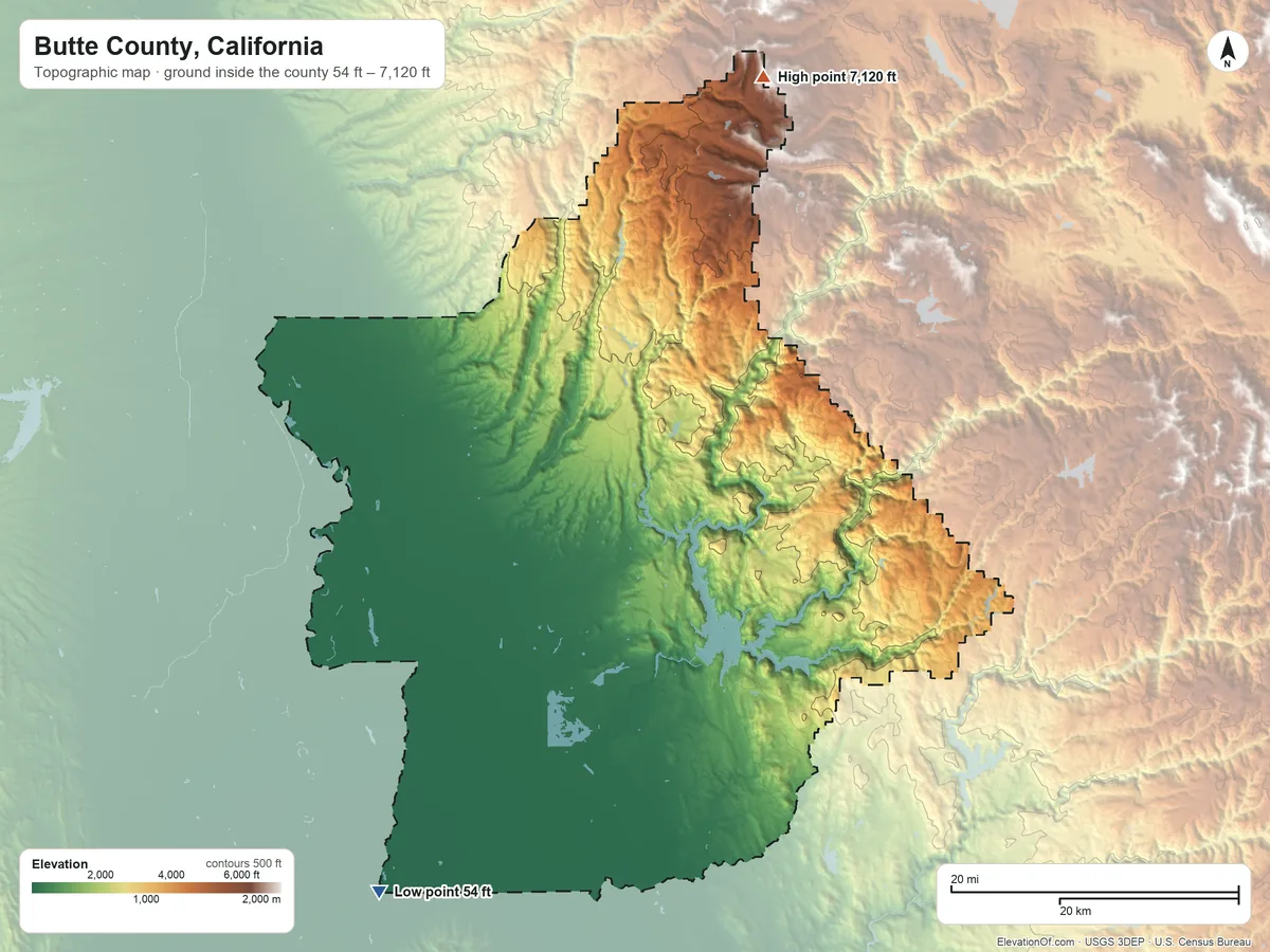 Topographic elevation map of Butte County, California, shaded from 54 ft on the southwest side to 7,120 ft on the north side