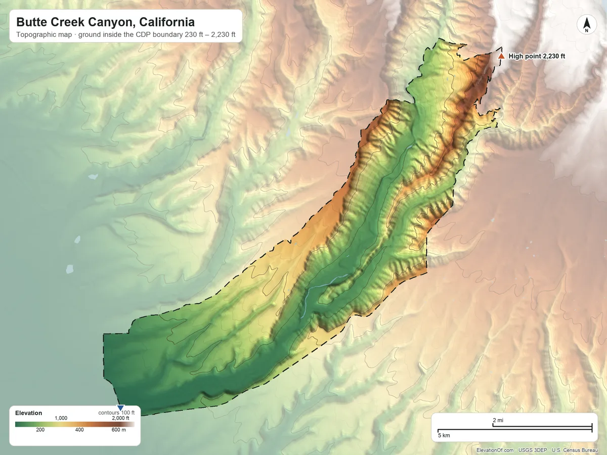 Topographic elevation map of Butte Creek Canyon, California, shaded from 230 ft on the southwest side to 2,230 ft on the northeast side