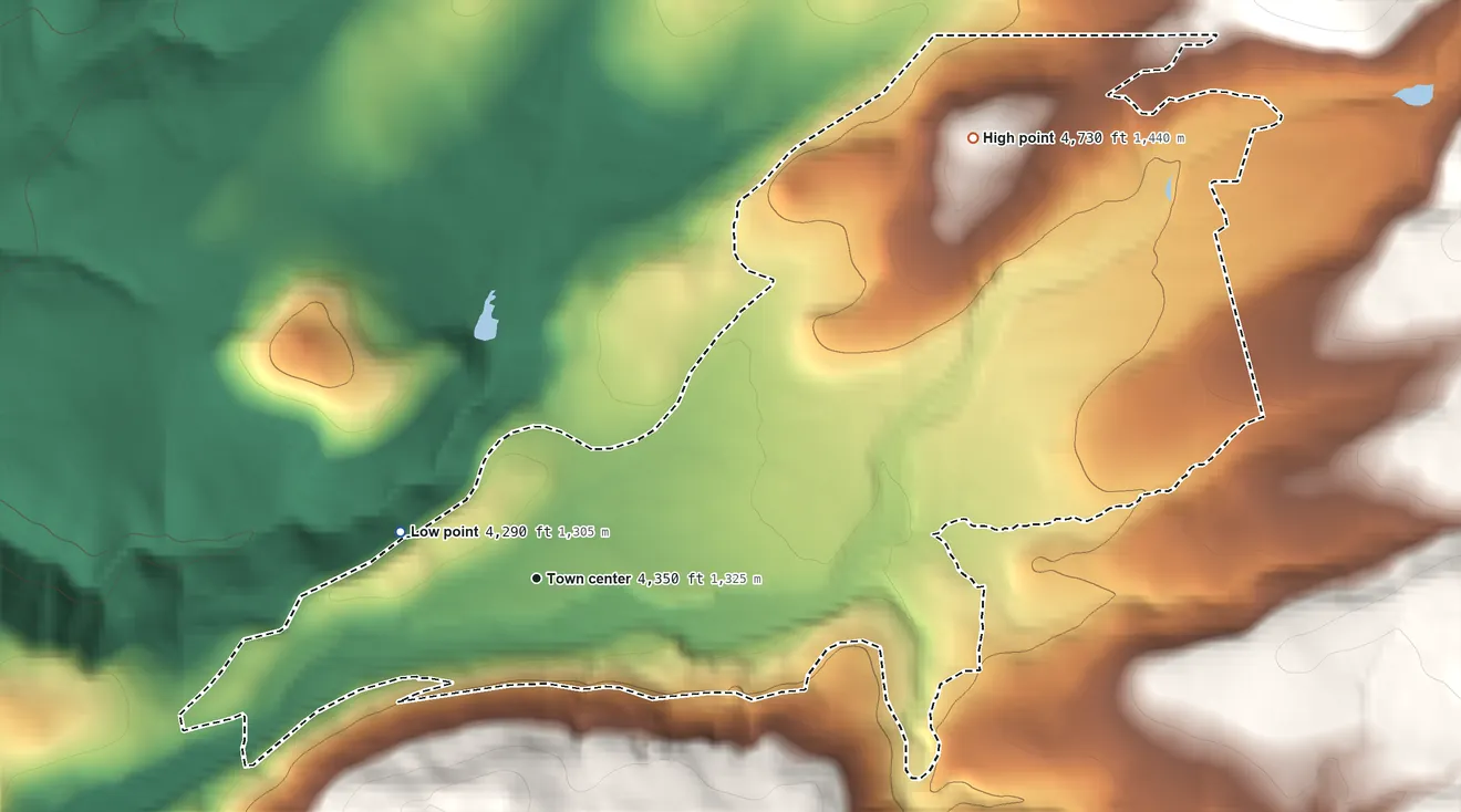 Topographic elevation map of Butte Meadows, California, shaded from 4,290 ft on the west side to 4,730 ft on the northeast edge, below higher ground just outside