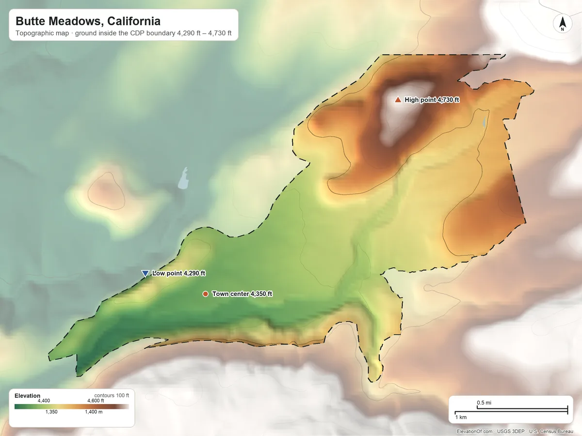 Topographic elevation map of Butte Meadows, California, shaded from 4,290 ft on the west side to 4,730 ft on the northeast edge, below higher ground just outside