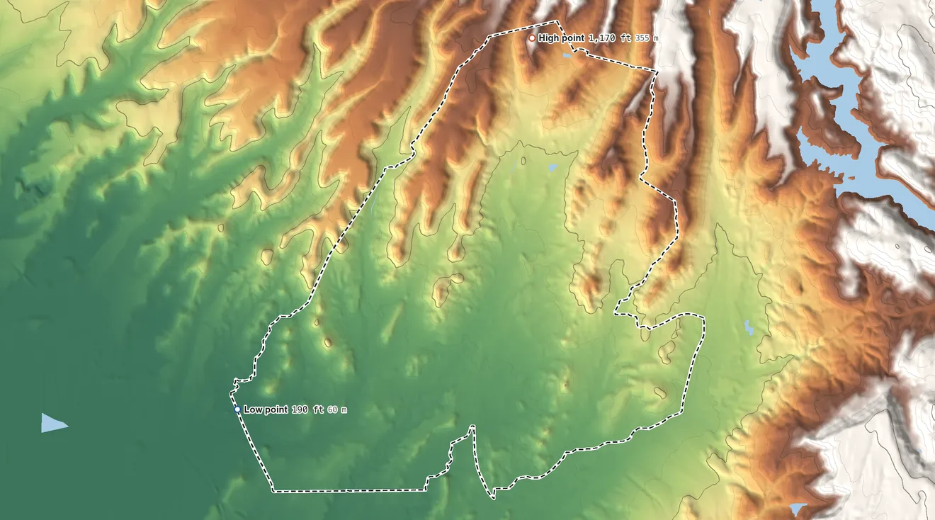 Topographic elevation map of Butte Valley, California, shaded from 190 ft on the southwest side to 1,170 ft on the north side