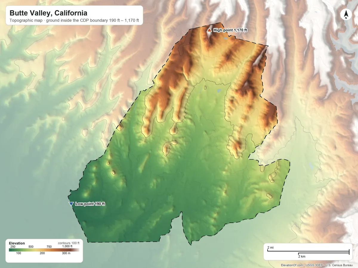 Topographic elevation map of Butte Valley, California, shaded from 190 ft on the southwest side to 1,170 ft on the north side