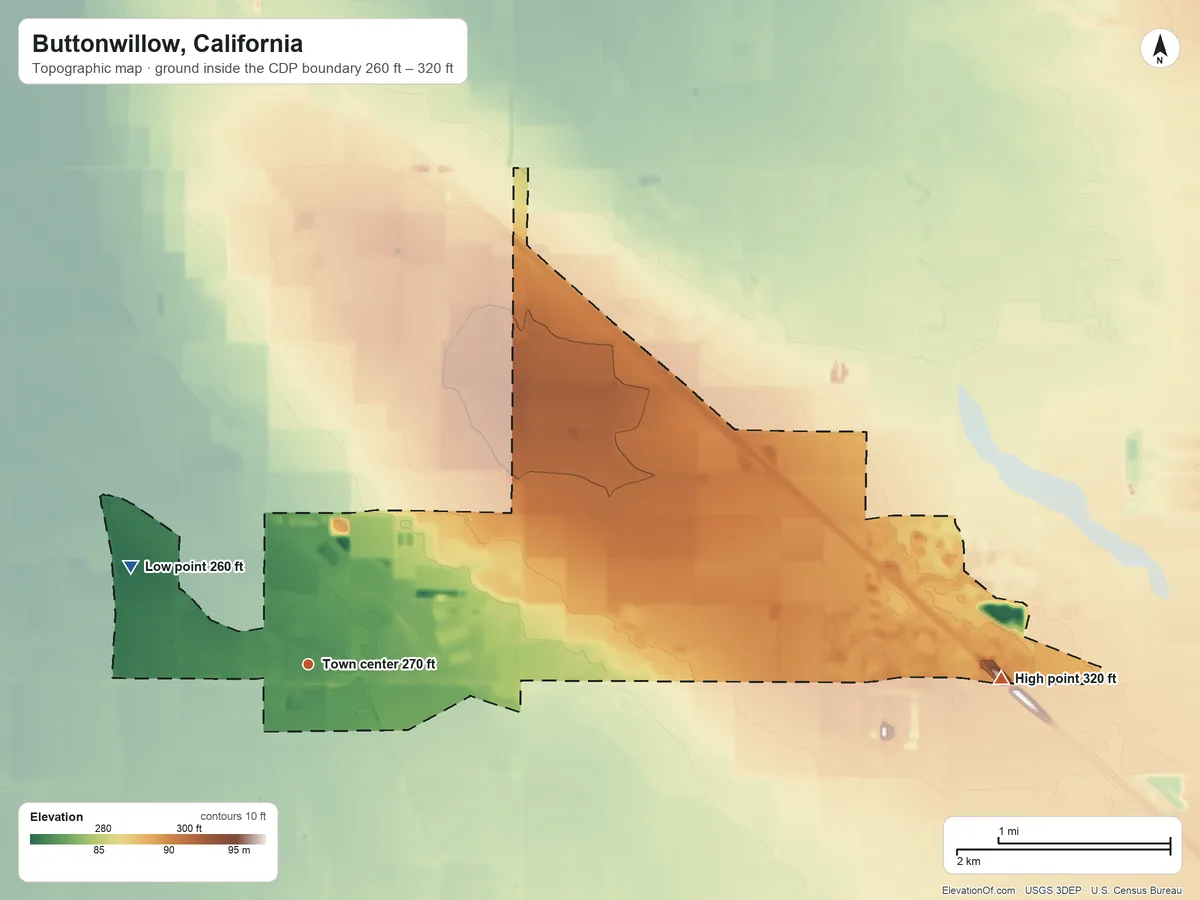 Topographic elevation map of Buttonwillow, California, shaded from 260 ft on the northwest side to 320 ft on the east side