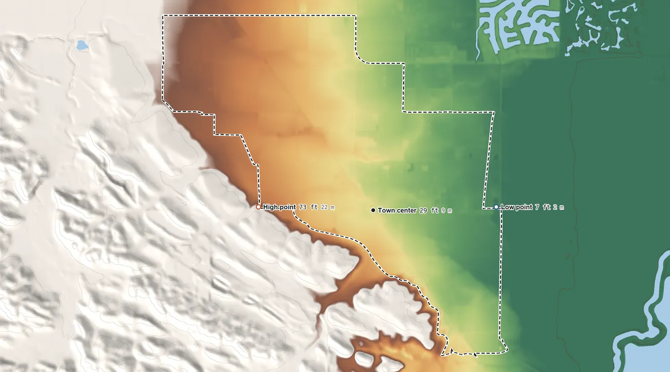Topographic elevation map of Byron, California, shaded from 7 ft on the east side to 73 ft at the foot of the Black Hills