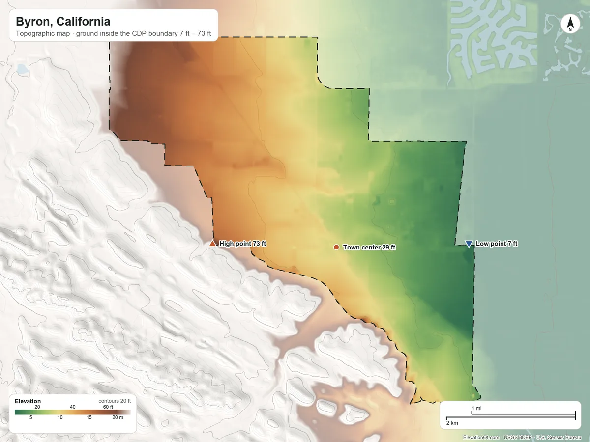 Topographic elevation map of Byron, California, shaded from 7 ft on the east side to 73 ft at the foot of the Black Hills