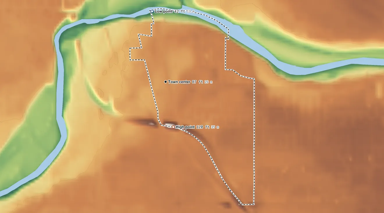 Topographic elevation map of Bystrom, California, shaded from 42 ft on the north side to 120 ft on the south side