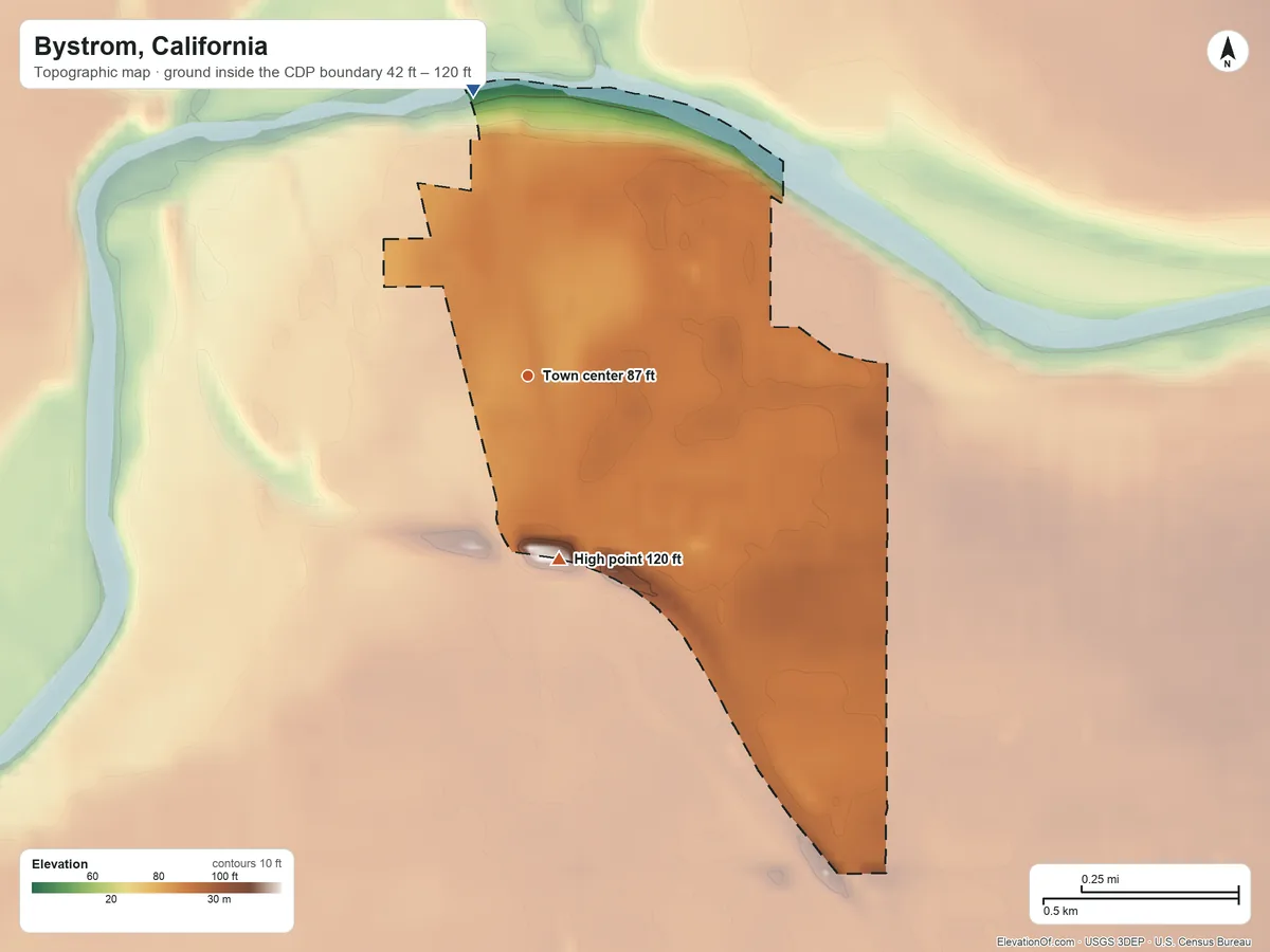 Topographic elevation map of Bystrom, California, shaded from 42 ft on the north side to 120 ft on the south side