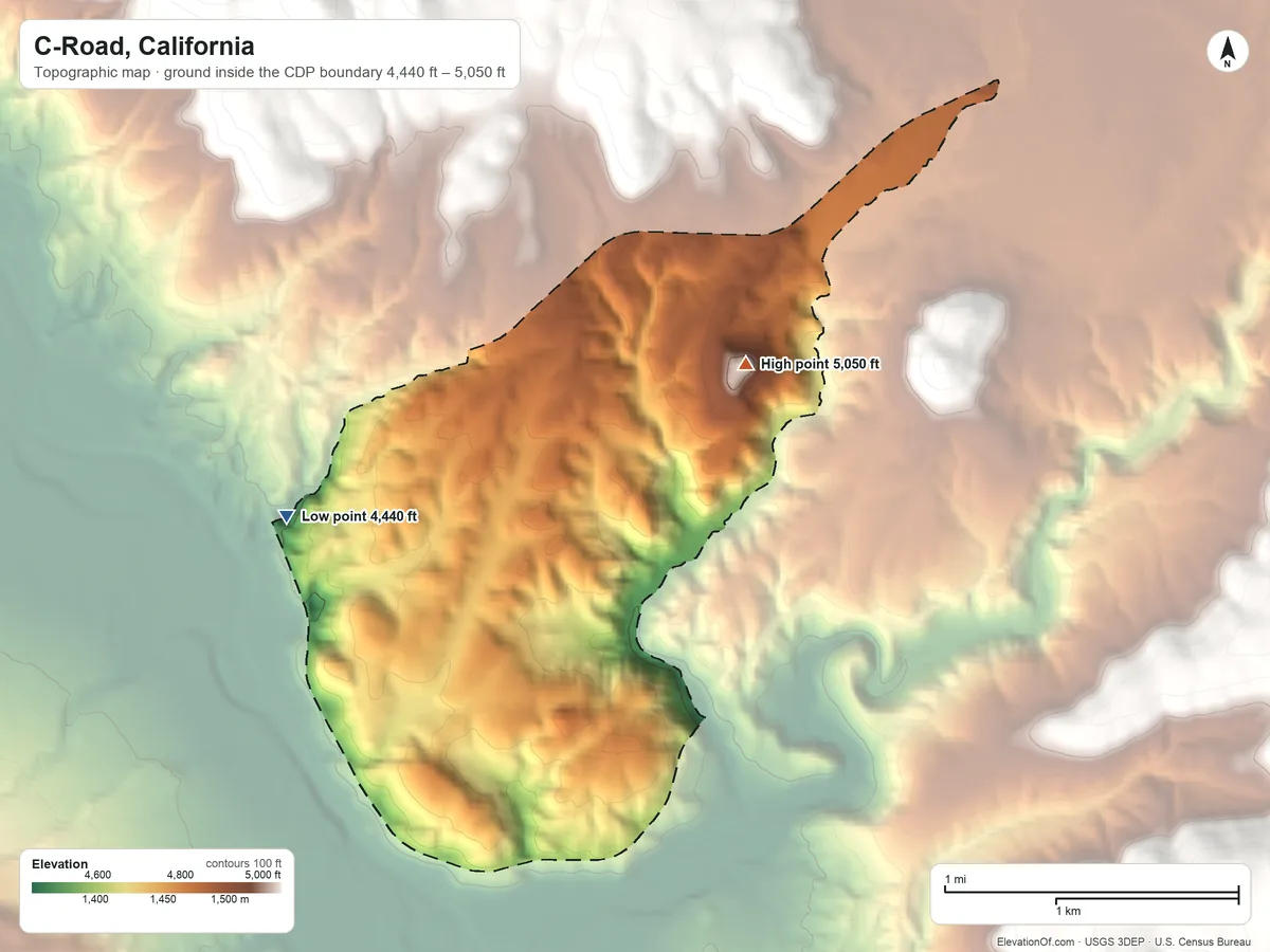 Topographic elevation map of C-Road, California, shaded from 4,440 ft on the west side to 5,050 ft on the northeast edge, below higher ground just outside