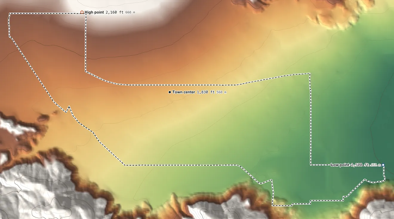 Topographic elevation map of Cabazon, California, shaded from 1,500 ft on the east side to 2,160 ft at the foot of the San Jacinto Mountains