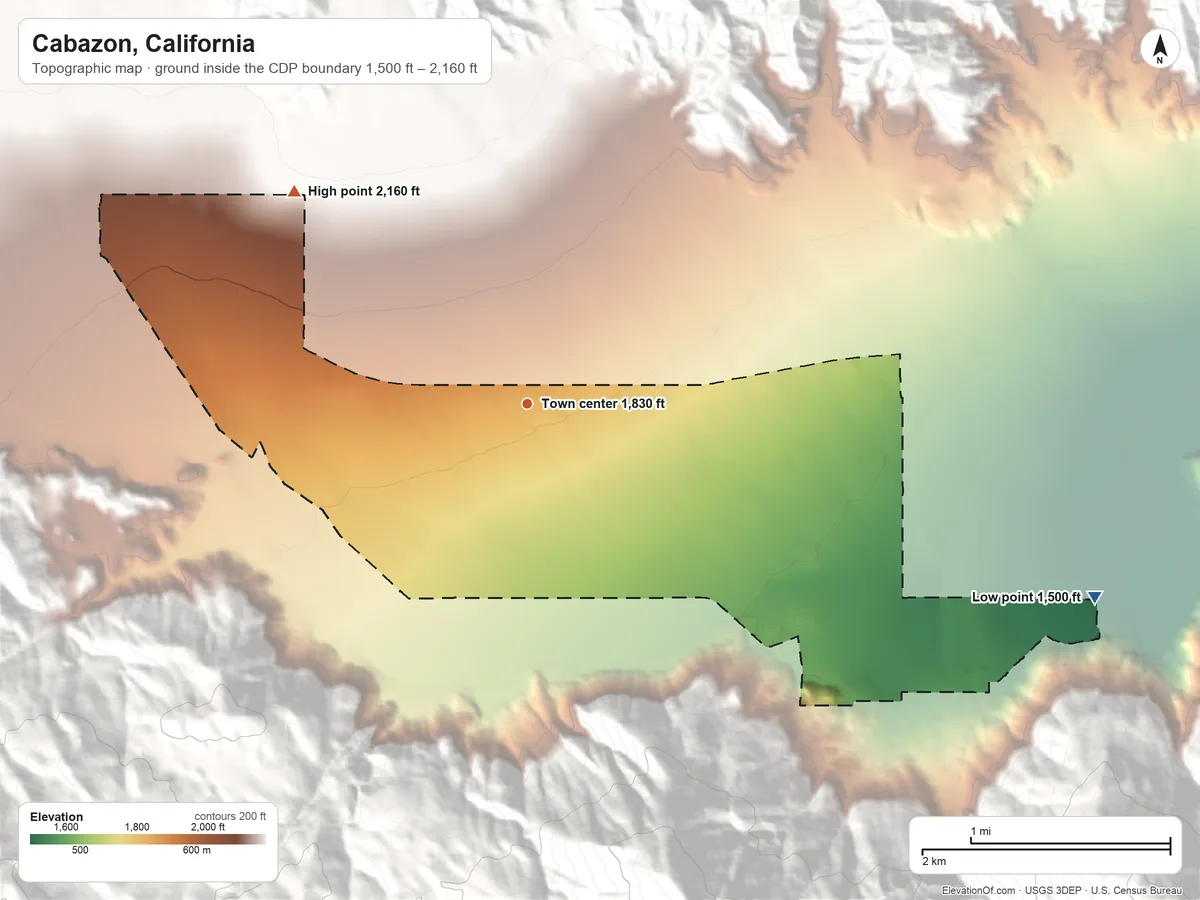 Topographic elevation map of Cabazon, California, shaded from 1,500 ft on the east side to 2,160 ft at the foot of the San Jacinto Mountains