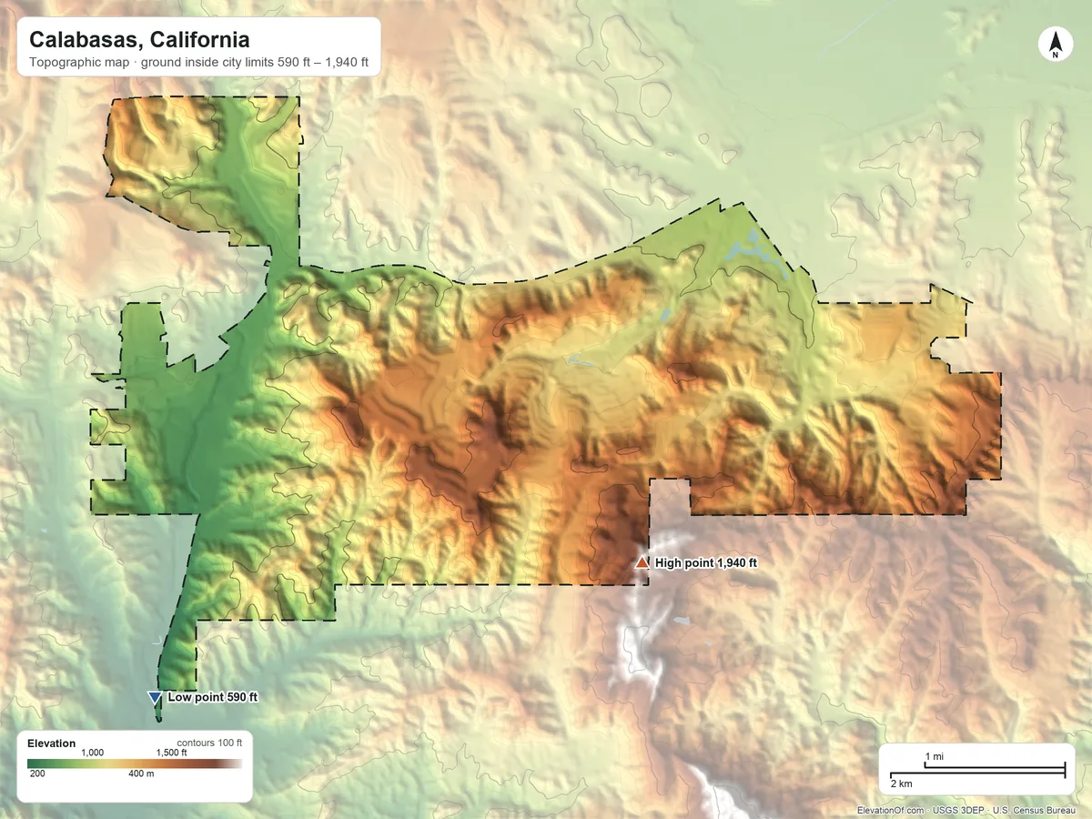 Topographic elevation map of Calabasas, California, shaded from 590 ft on the southwest side to 1,940 ft on the southeast side