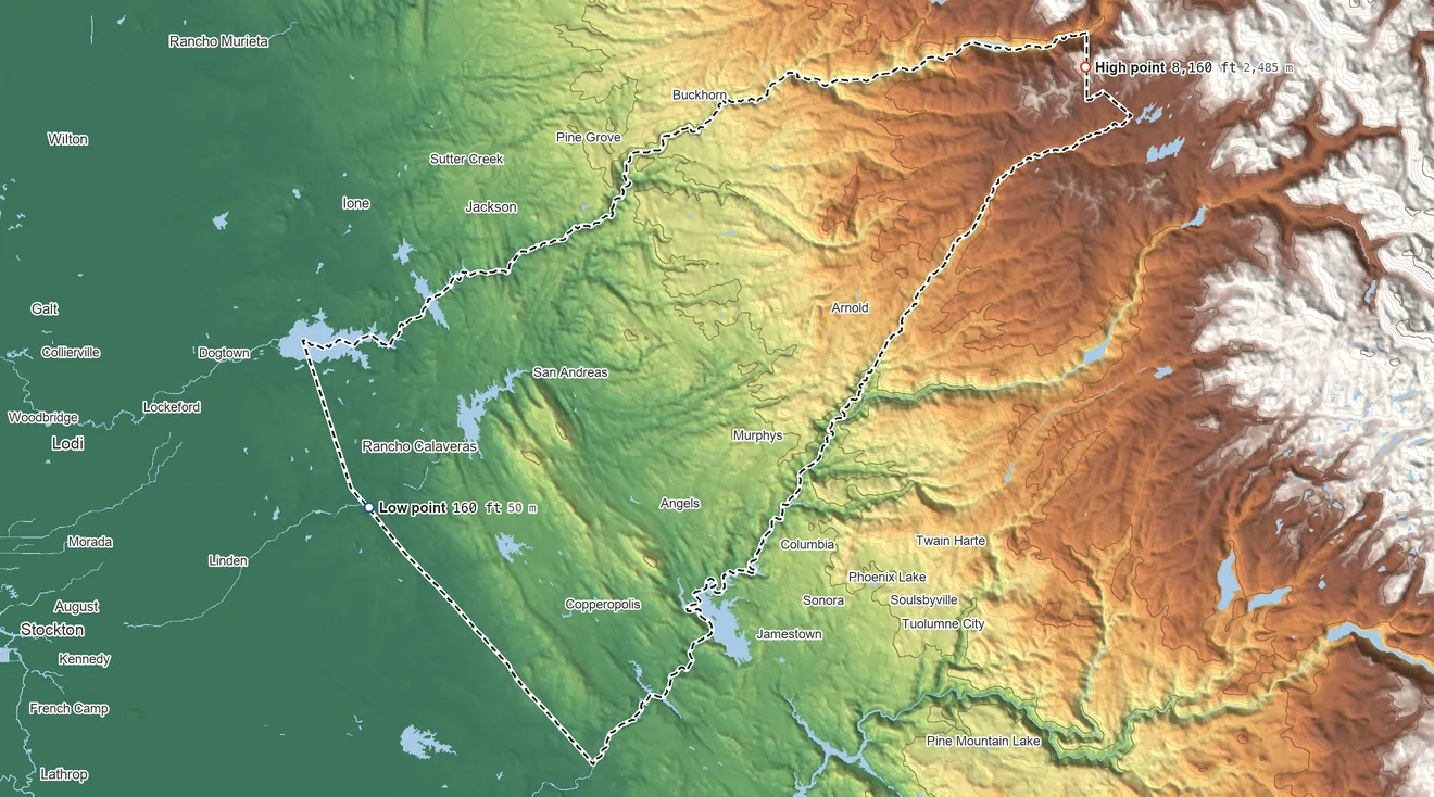 Topographic elevation map of Calaveras County, California, shaded from 160 ft on the west side to 8,160 ft on the northeast side
