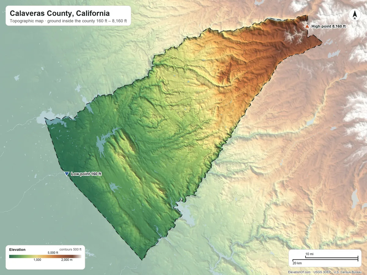 Topographic elevation map of Calaveras County, California, shaded from 160 ft on the west side to 8,160 ft on the northeast side