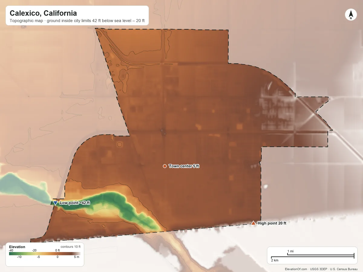 Topographic elevation map of Calexico, California, shaded from −42 ft on the west side to 20 ft on the southeast side